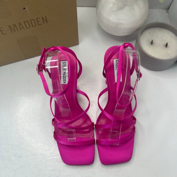 Steve Madden Brendi Strappy Satin Square Toe Heel Fuchsia Women 10 Tried On - Picture 5 of 11